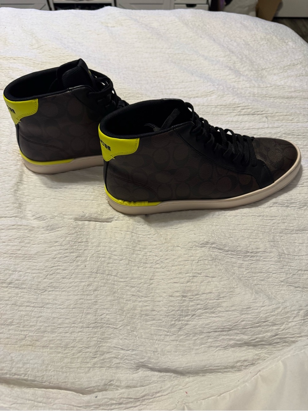Coach Men’s Brown Signature High-Top Sneakers with Neon Yellow Accents